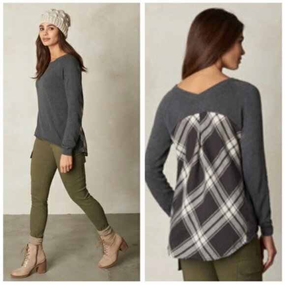 Prana Size Small Natalia Sweater Grey Buffalo Plaid Back Organic Cotton Casual - Picture 1 of 7